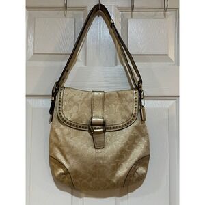 Coach Gold Signature Jacquard Metallic Leather Studded Flap Shoulder Bag Hobo